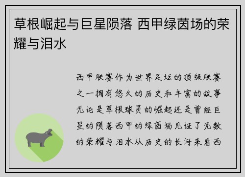 草根崛起与巨星陨落 西甲绿茵场的荣耀与泪水