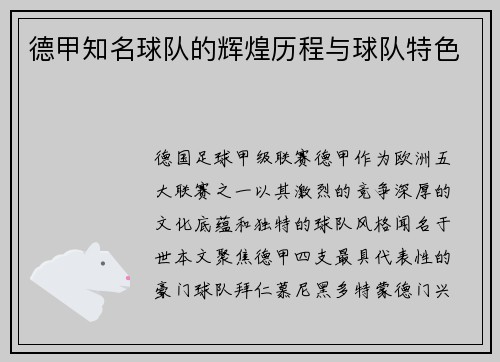 德甲知名球队的辉煌历程与球队特色