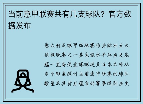 当前意甲联赛共有几支球队？官方数据发布