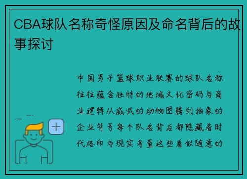 CBA球队名称奇怪原因及命名背后的故事探讨