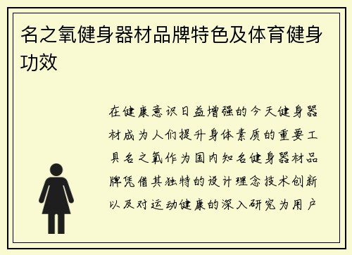 名之氧健身器材品牌特色及体育健身功效