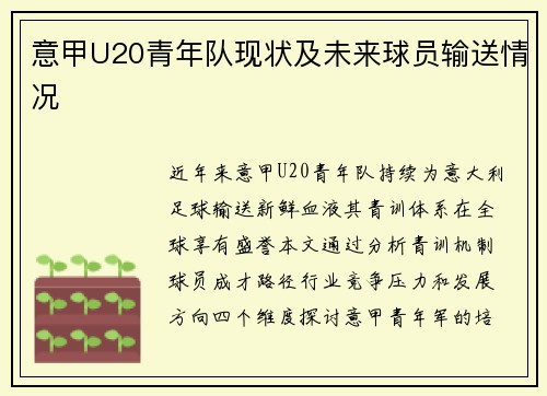 意甲U20青年队现状及未来球员输送情况